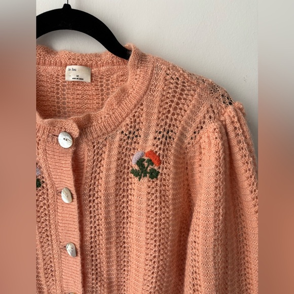 Aritzia Le Fou Wilfred Cropped Embroidered Cardigan Peach Knit Puff Sleeve - Picture 5 of 10